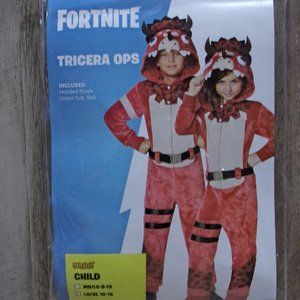 The Fortnite Tricera Ops Costume is a hooded plush union suit